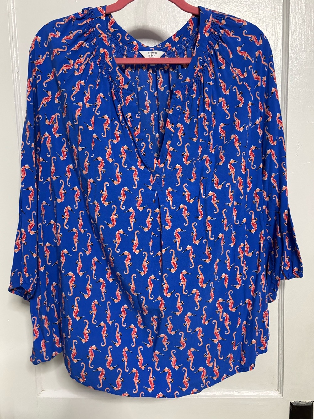 crown & ivy Royal Blue Seahorse Print V-Neck Blouse